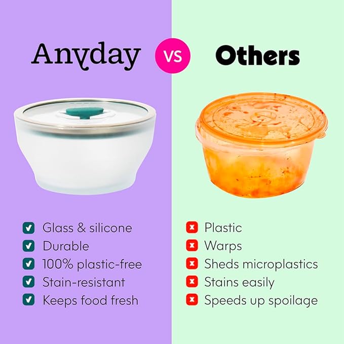 Anyday 4-Pc Microwave Cookware & Glass Food Storage Set with Glass Lids | Medium Plastic-Free Containers | Stackable Steamer with Vented Lid for Microwave-Safe Reheating & Steaming Vegetables, Rice