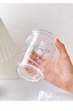 Ivymei Set of 2 12 OZ Floral Drinking Glasses Crystal Glass Flower Coffee Cups Cute Rabbit Glass Cups for Juice, Iced Tea, Coffee, Latte, Milk, Dessert, Stackable Glassware Drinkware Set (Purple)