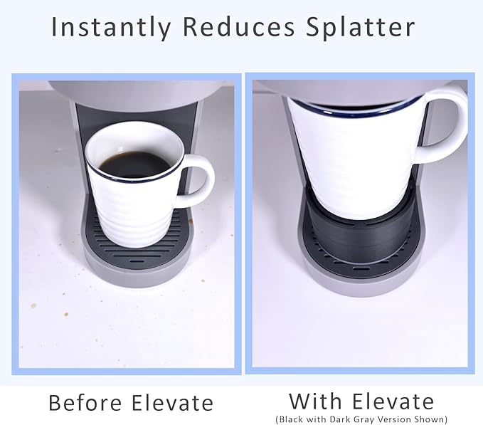 Elevate Anti-Splash Cup Riser Accessory for most Keurig K-cup, Cuisinart Single Serve, and other Coffee Makers, Adjustable for Cup Size and Drip Tray Type (Black with Light Gray Base)