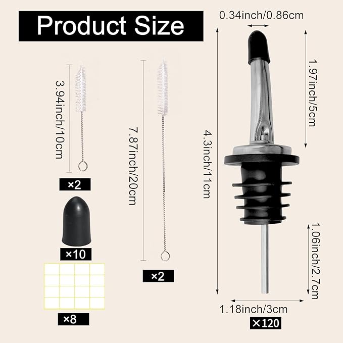 120 Pack Stainless Steel Bottle Pourers Tapered Liquor Pourers with Rubber Dust Caps Tapered Pour Spouts for Liquor Bottles Vinegar Bottle Dispenser for Wine Oil Beer Drink Water Bar Supplies