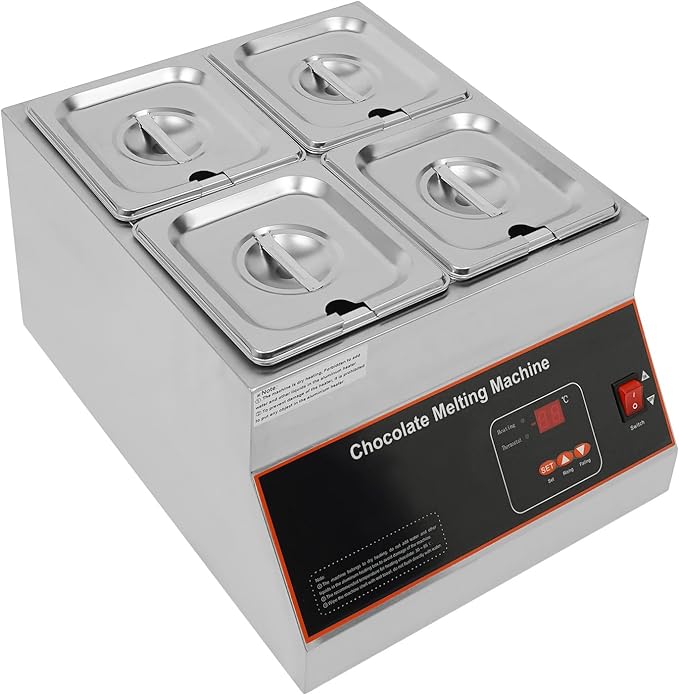 Chocolate Melting Pot, 500W 12kg/26.5lbs Electric Chocolate Tempering Machine, Stainless Steel Commercial Chocolate Melter Food Warmer for Catering Restaurant, 4 Tanks, 32-203°F