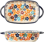 Colorful Cherry Blossom Flowers Vintage Style Ceramic Bakeware Dish Casserole Dish Baking Pan Lasagna Pans with Handles for Oven/Cooking/Kitchen, 1 PCS, 22 oz