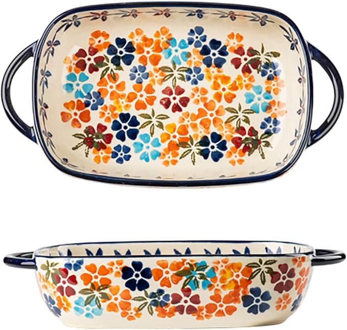 Colorful Cherry Blossom Flowers Vintage Style Ceramic Bakeware Dish Casserole Dish Baking Pan Lasagna Pans with Handles for Oven/Cooking/Kitchen, 1 PCS, 22 oz