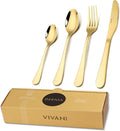 VIVANI Gold Silverware Set for 4, 16-Piece Stainless Steel Flatware Sets, Gold Utensils Set, Cutlery Set, Knife Spoons and Forks Set for Home, Restaurant, Dorm, Dishwasher Safe
