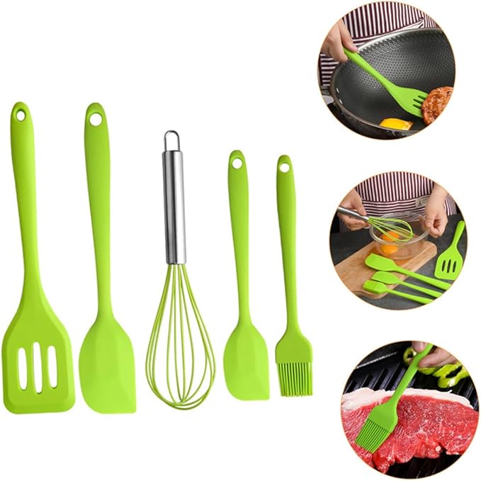 5pcs Kitchen Silicone Utensil Set Green Nonstick Baking Tools with Egg Whisk and Spatula Food-grade Silicone Cooking Gadgets for Mixing Scraping and Stirring