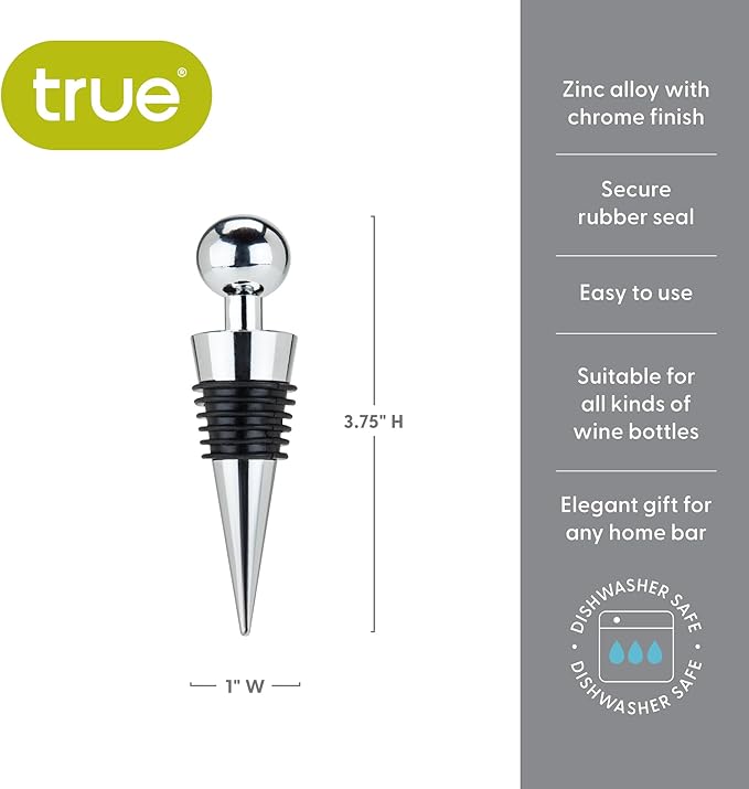True Sphere Reusable Wine Stopper, Zinc Alloy with Chrome Finish Bottle Stoppers for Wines, Home Bar Accessories, Restaurants, Bars, Travel, Set of 1