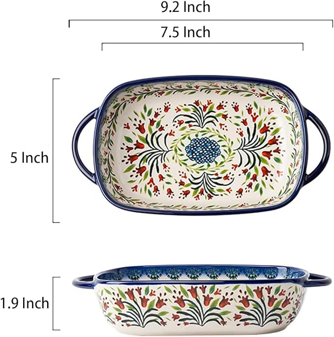 Vintage Style Tulip Flower Pattern Ceramic Bakeware Casserole Dish Baking Pan Lasagna Pans Baking Dish with Handles for Oven/Cooking/Kitchen-1 PCS-22 OZ