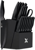 XANAPON 19-Piece Black Kitchen Knife Set with Block and Built-in Sharpener, High Carbon Stainless Steel Chef Knives Set for Kitchen with 8 Steak Knives, Ergonomic Handles, Perfect Housewarming Gift