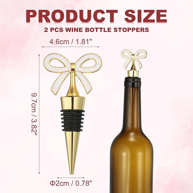 uxcell 2 Pcs Bow Wine Stopper, Reusable Wine Stoppers Airtight Leak-proof Bottle Plugs Liquor Saver Beer Beverage Glass Bottles Stopper for Bar Holiday Party Home Decor, Gold-White
