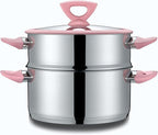 CONCORD 3 Quart Stainless Steel 3 Piece Steamer Cookware Set. Features 2 Quart Veggie Steamer and 3 Quart Cooking Pot with tempered glass lid and silicone handles (INDUCTION COMPATIBLE)