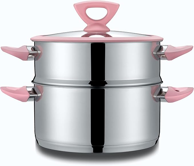 CONCORD 3 Quart Stainless Steel 3 Piece Steamer Cookware Set. Features 2 Quart Veggie Steamer and 3 Quart Cooking Pot with tempered glass lid and silicone handles (INDUCTION COMPATIBLE)