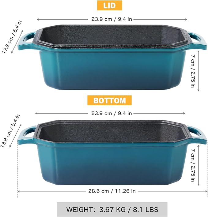 Flavehc Bread Pan Cast Iron Loaf Pan with Lid Bread Loaf Pan 8.5x4.5 Inch Loaf Pan Enameled Cast Iron Sourdough Loaf Pan, DarkCyan
