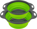 AUAUY 2 Pack Collapsible Colander Set, Round Silicone Folding Collapsible Strainers with Plastic Handles, Eco-Friendly Food Strainer for Kitchen Draining Pasta Vegetables Fruits-1 Large and 1 Small