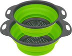 AUAUY 2 Pack Collapsible Colander Set, Round Silicone Folding Collapsible Strainers with Plastic Handles, Eco-Friendly Food Strainer for Kitchen Draining Pasta Vegetables Fruits-1 Large and 1 Small