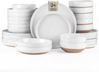 AmorArc Ceramic Dinnerware Sets with Pasta Bowls for 6, Handpainted Plates and Bowls Set with Rustic Terracotta Underside, Scratch Resistant Dishes Set, Dishwasher & Microwave Safe, 24 Pcs