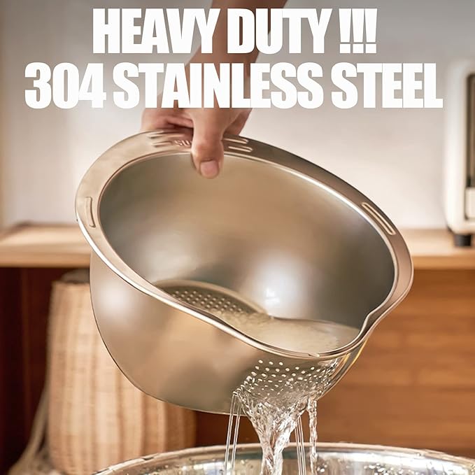 Rice Strainer Washing Bowl Rice Washer for Quinoa, Stainless Steel Side Drainers Colander for Cleaning Fruits, Vegetables, and Beans