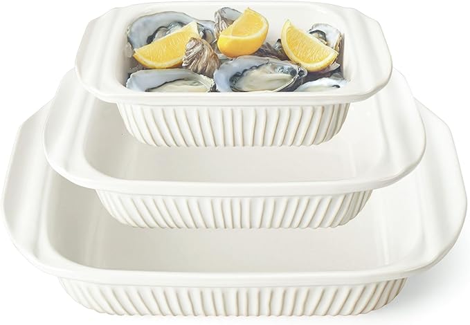 Artena Casserole Dishes For Oven, Ceramic Baking Dish, Large Lasagna Pan With Handles, Baking Pan Casserole Dish, Rectangular Bakeware Deep, White, Set Of 3 (5.1Qt/2.3Qt/1.1Qt) (Only Baking Dish)