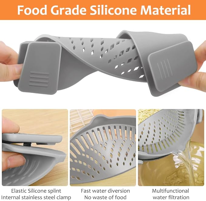 YEVIOR Clip on Strainer for All Pots Pan,Silicone Pasta Strainer Kitchen Gadgets,Collapsible Colander for Noodle,Vegetables,Fruit,Spaghetti (Grey)