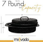 Millvado Roasting Pan With Lid, Turkey Roaster Pan, 13" Granite Oven Roaster Oval Shaped Speckled Enamel on Steel Cookware