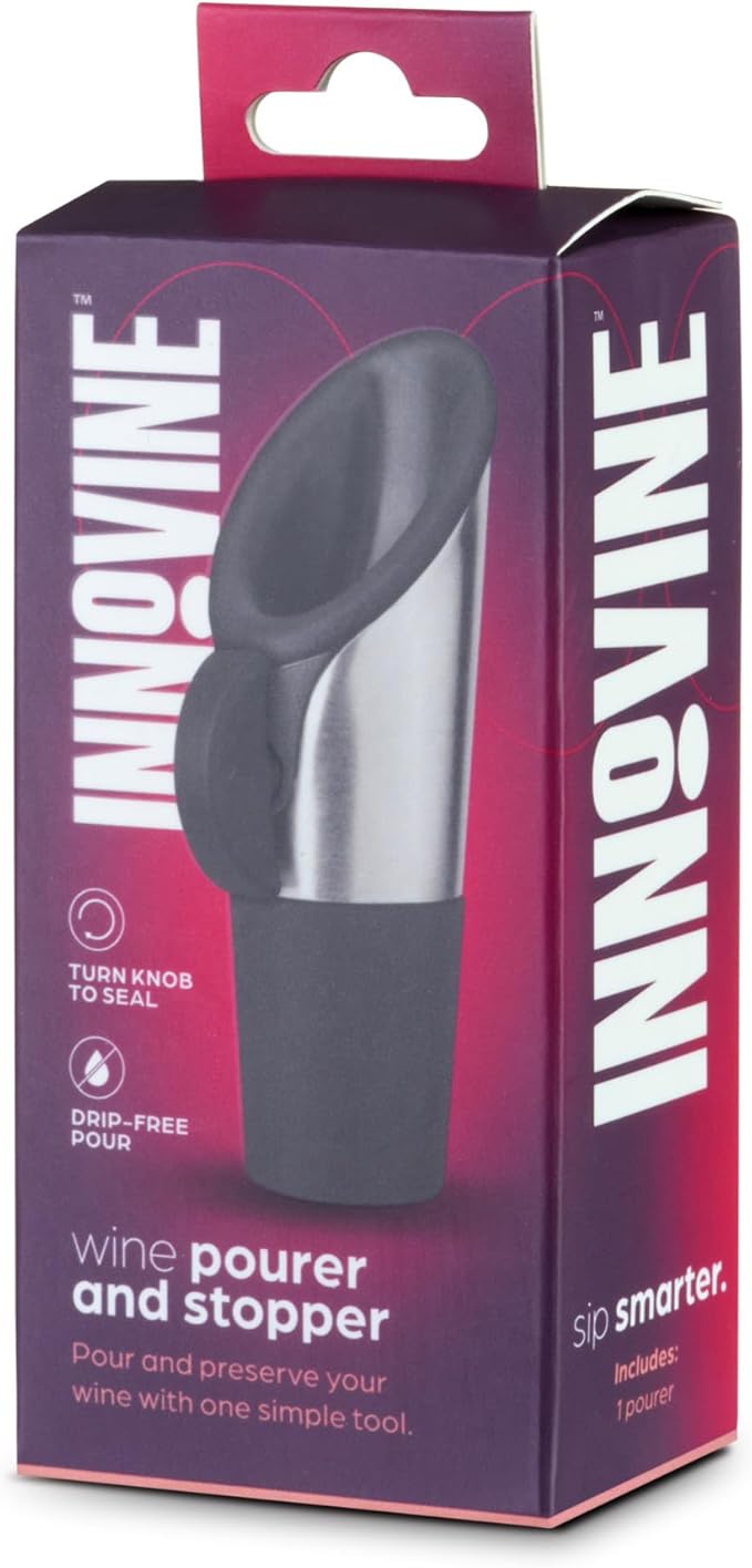 Innovine Wine Pourer and Stopper, Drip-Free Stainless Steel and Silicone Construction, Perfect for White and Red Wines, Home Bar Accessories, Kitchen Essentials, Set of 1, Graphite