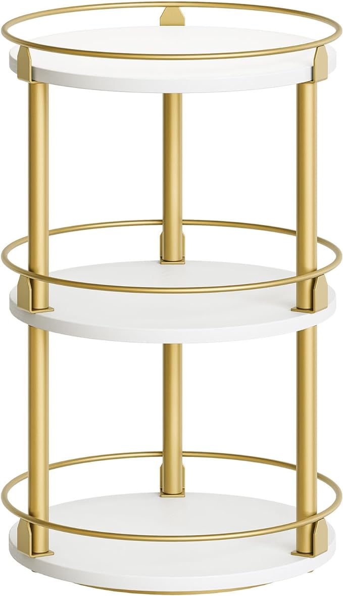 Yatiney 3-Tier Lazy Susan, Rotating Spice Rack, Spinning Organizer, Industrial Turntable Spice Rack for Cabinet, Kitchen Countertop, Pantry, White and Gold SR23DW