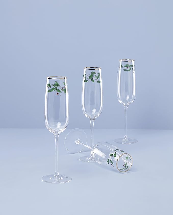 Lenox Glassware, Holiday Decal Flutes, Set of 4, 11-Ounce Capacity, Made From Glass, Flutes, Drinking Glasses Set, Home And Kitchen, Champagne Flute, Champagne Glasses (Clear, 4 Piece)