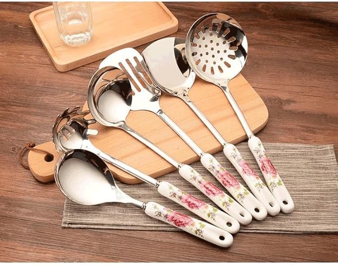 Ceramic Handles Cooking Tool Set Stainless Steel Kitchen Utensils Of Cookers Shovels Spoons(E)