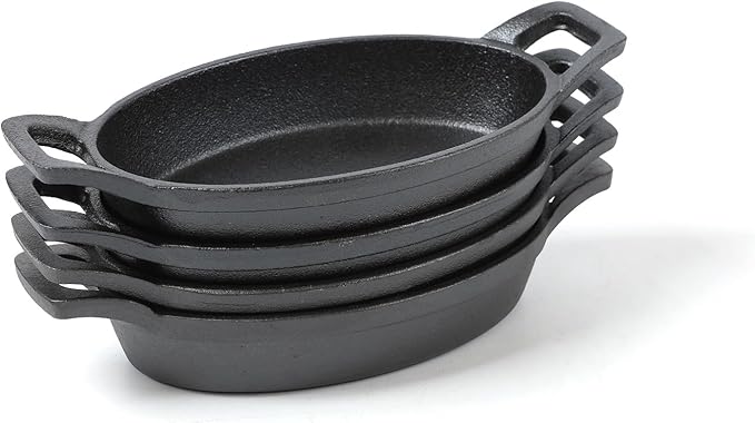 HAWOK Cast Iron Mini Oval Serving Dishes with a Storage Bag, 6.1"x 3.85", 8oz, 4 PCS