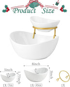 Miamolo Porcelain Serving Bowl Set for Appetizer Serving Dishes Set with 2 Compartment, Chip and Dip Taco Rack Display Salad Bar Serving Set, Gold Stand