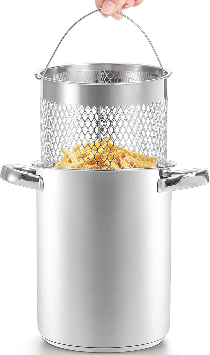 AVLA Asparagus Pot, 4 Quart Stainless Steel Steamer Cooker, Vegetable Asparagus Cooker with Removable Basket and Lid for Pasta, Spaghetti, Boiled Eggs, Shrimp, Oil Deep Fry Pan for French Fries