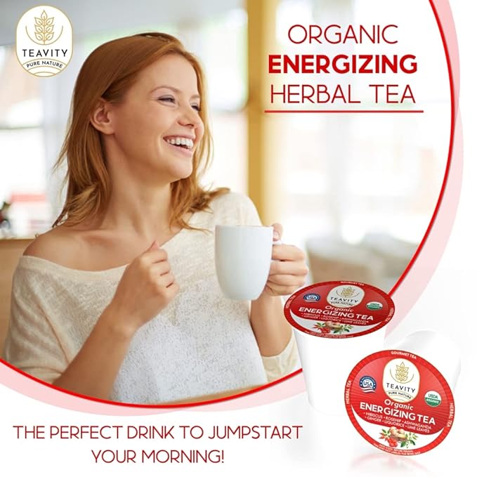 Organic Ashwagandha Tea Pods for Keurig with Ginger, Licorice, Organic Hibiscus Sabdariffa, Rosehip, & Lime - Decaf Herbal Tea - Energizing Tea by Teavity (24 Tea Pods)