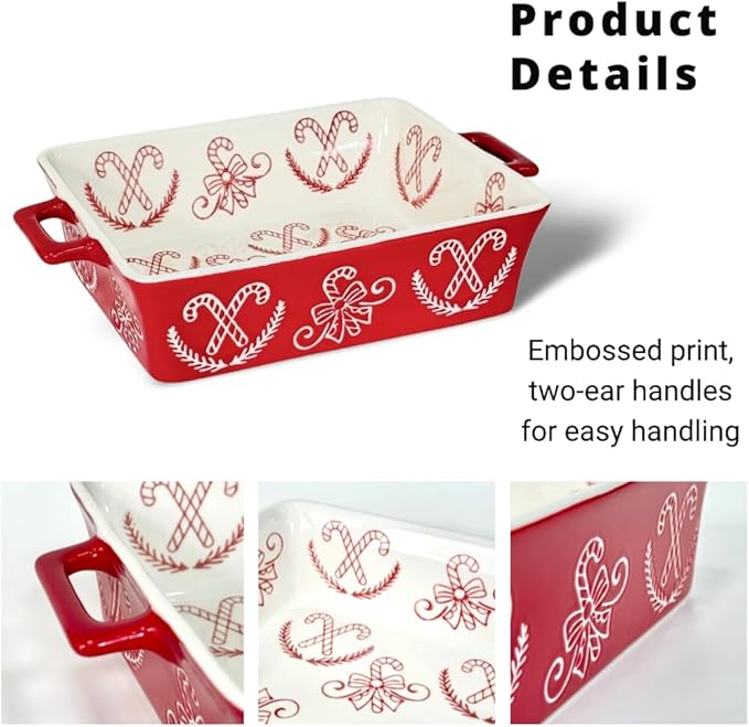 Domini Casserole Dishes for Oven, Ceramic Baking Dishes for Oven Set of 2, Lasagna Pan Deep, Baking Pan Set Square Casserole Dish Set with Handles for Baking, Pattern Red(11.4+8.5inch) Christmas