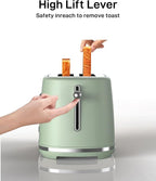 LONGDEEM Toaster 2 Slice with Extra Wide Slots & Removable Crumb Tray 6 Browning Options, Auto Shut Off & Frozen Function, Toast Fruit Bread, Bagel & Waffle, Green