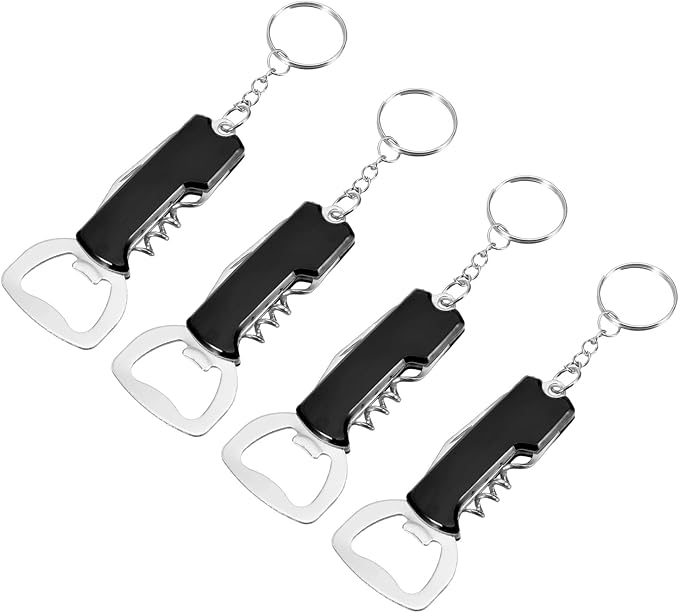 uxcell 4 Pcs Wine Opener, Bottle Opener Keychain, Durable Stainless Steel Waiter's Corkscrew, Compact All-In-One Home Bar Tool for Bar, Party, Wedding, Home, Travel, Black