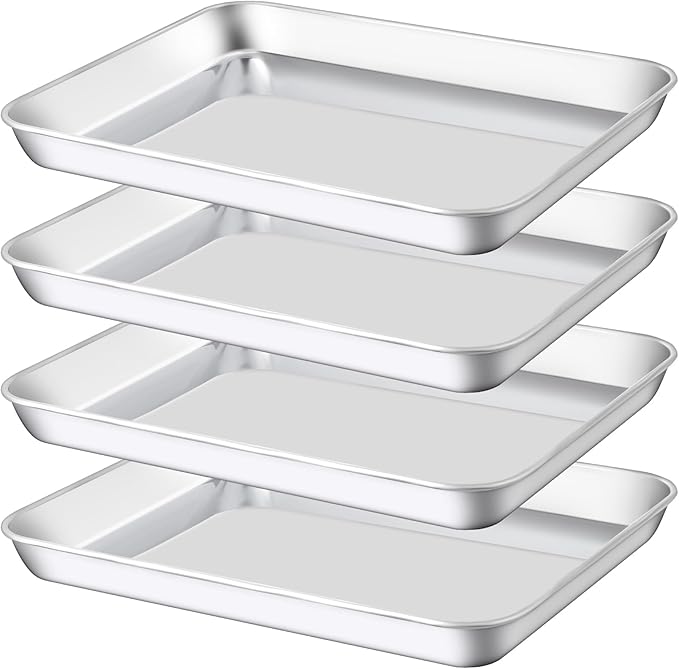 Baking Sheet Pan Set of 4, Stainless Steel Toaster Oven Pans, Small Cookie Sheet,Metal Baking Pan Oven Tray, Easy Clean & Dishwasher Safe, Mirror Surface(10 x 8 x 1 inches