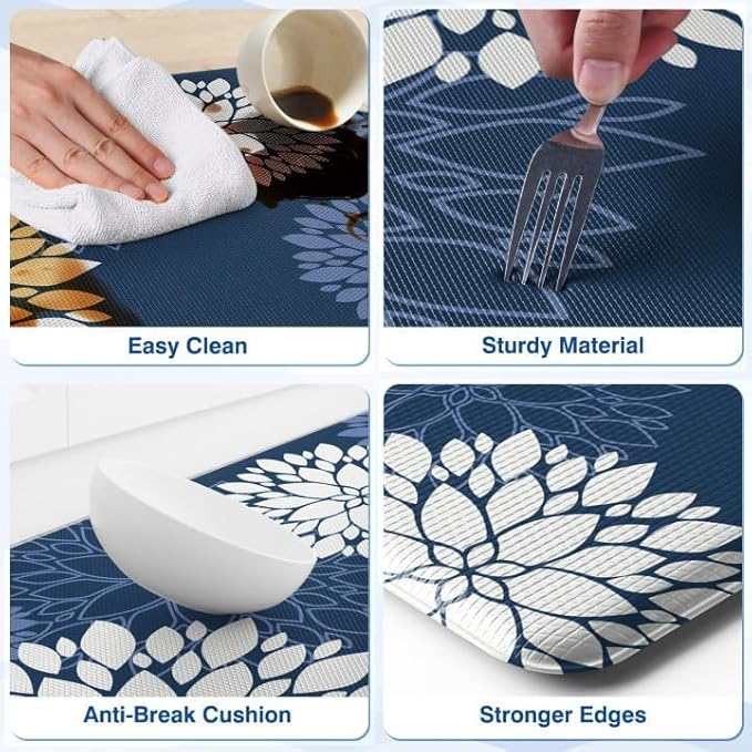 Kitchen Mats, 2PCS Non-Slip Cushioned Rugs, Anti-Fatigue Waterproof Floor Rug, Washable Standing Desk Mat, Home Laundry Office Apartment Decor and Accessories (17.3" ×47" +17.3" ×30"-Blue)