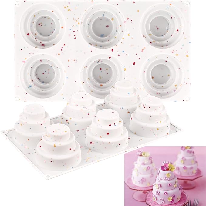 Sakolla 2 Pack 3 Tier Mini Cake Molds, 6 Cavity Silicone Cake Molds for Baking Cake Pop, Cakesicle, Brownie and Mousse (Confetti)