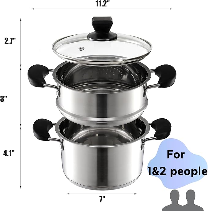 ZENFUN 1.8 Quart Stainless Steel Steamer Pot with Basket, Stock Pot with Glass Lid, Mini Steaming Pot Cookware with Handle, Metal Cooking Steamer for Vegetable, Stews, Pasta, Sauce, Individual-use