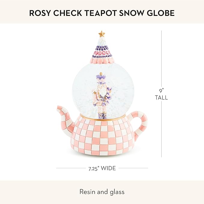 MACKENZIE CHILDS Snow Globe, Christmas Decor for Living Room, Rosy Check Teapot