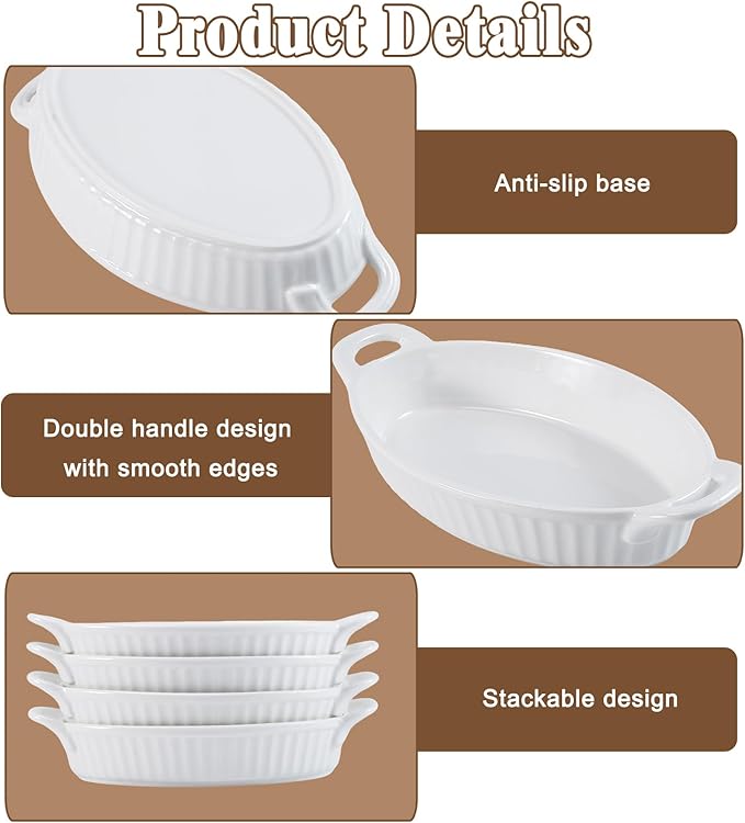 4 PCS 16 OZ Au Gratin Baking Dishes, Oval Porcelain Baking Dishes with Handles for Kitchen and Home, Ceramic Oven Safe, 7.5" x 9.25",White