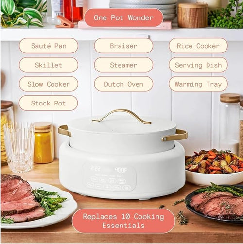 10-in-1 Electric Multi-Cooker by Drew Barrymore, 6-quart, digital display, 10 cooking functions, non-stick pot, easy one-touch control (White Icing)