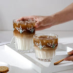 Ivymei Set of 2 Floral Drinking Glasses Cute Glass Coffee Cup Lily of the Valley Glass Cups for Juice,Iced Tea,Coffee,Latte,Dessert,Stackable Flower Glassware Drinkware Set(green)