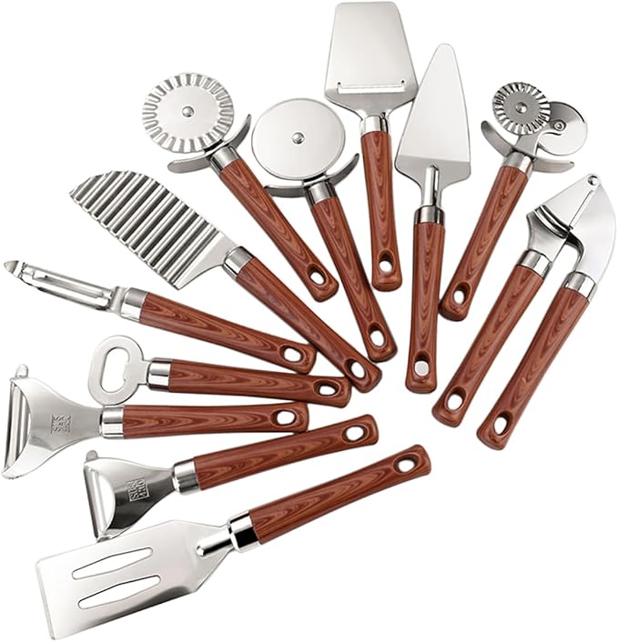 12-Piece Kitchen Tools and Gadgets Set with Wood Imitation Handle BRIIEC Stainless Steel Cooking Utensils Kitchen Accessories Includes Can Opener Garlic Press Peeler