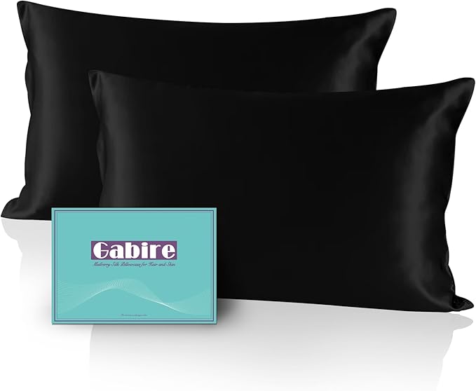 Mulberry Silk Pillow Cases Set of 2, Both Sides Real Silk Pillow Cover for Hair and Skin Prevent Acne Pillowcase Organic Silk Pillowcase 2 Pack with Hidden Zipper, Black, Queen (20"×30")