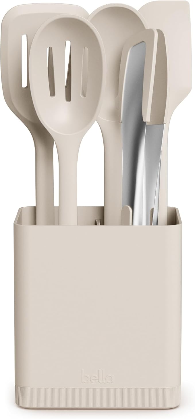bella 6-Piece Modular Tool Set, Silicone, Turner, Spoon, Slotted Spoon, Spatula, Tongs, Crock with removable divider, Non-toxic*, Food-grade, Heat safe to 425°F, Dishwasher Safe, Slate