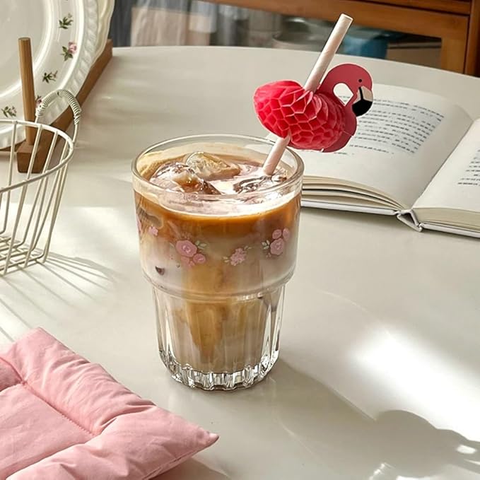 Set of 2 Floral Glass Coffee Cup Cute Drinking Glasses Stackable Floral Glass Cups for Juice,Iced Coffee,Milk,Tea,Dessert,Flower Teacups Glassware Drinkware Set (pink)