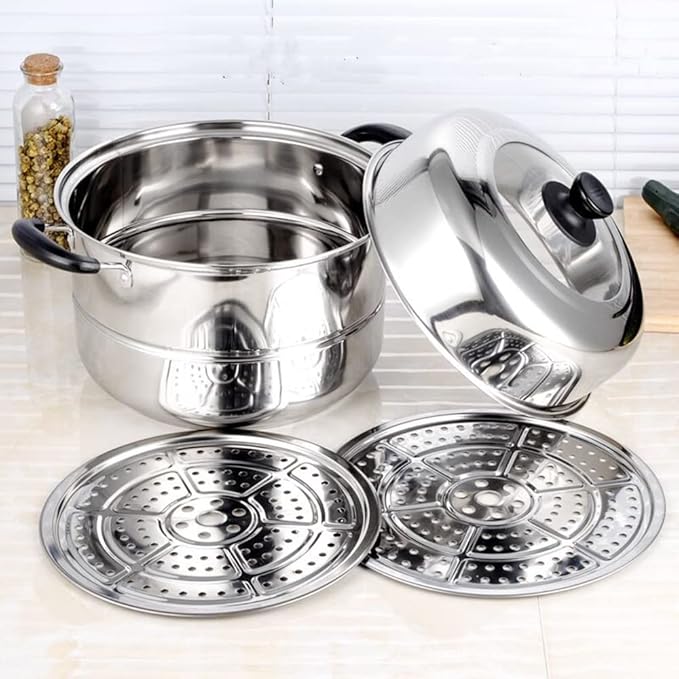 Steamer Pot 11inch Steam Pots for Cooking Steamer Pot with Lid 3-tier Multipurpose Stainless Steel Steaming Pot Cookware with Handle for Vegetable, Dumpling, Stock, Sauce, Food (11Inch/28cm)