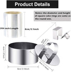 DATANYA 9Pack 3.15‘’ Cake Ring Molds with 3 Inch Cake Collars, Stainless Steel Food Rings Round & Square Cooking Ring Molds with Pressers, Transparent Acetate Sheet Cake Rolls for Baking Pastry