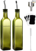 Leaflai 2 Pcs Green Glass Olive Oil Dispenser and Vinegar Dispenser Set with 2 Stainless Steel Pourers, 4 Labels, 1 Brush, 1 Funnel (500ml) for Kitchen, Cooking, Salad Dressing, Barbecue, Mixing