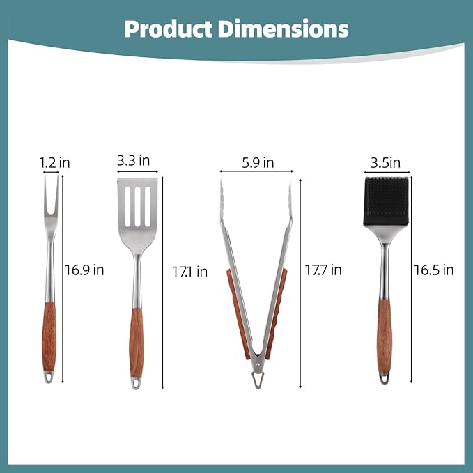 4PCS Grilling Accessories, Heavy Duty BBQ Grilling Tools Set, Outdoor Grill Set with Stainless Steel Spatula Fork Brush Tongs with Anti-Scald Rosewood Handle, Barbecue Utensils Men Present